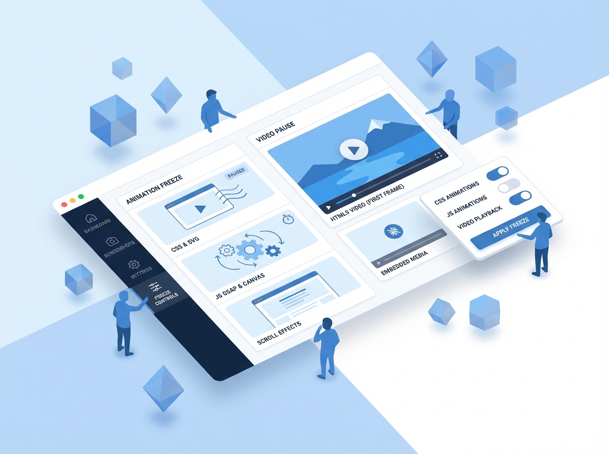 Isometric 3D illustration showing faceless blue figures freezing CSS animations and pausing video playback on floating UI cards
