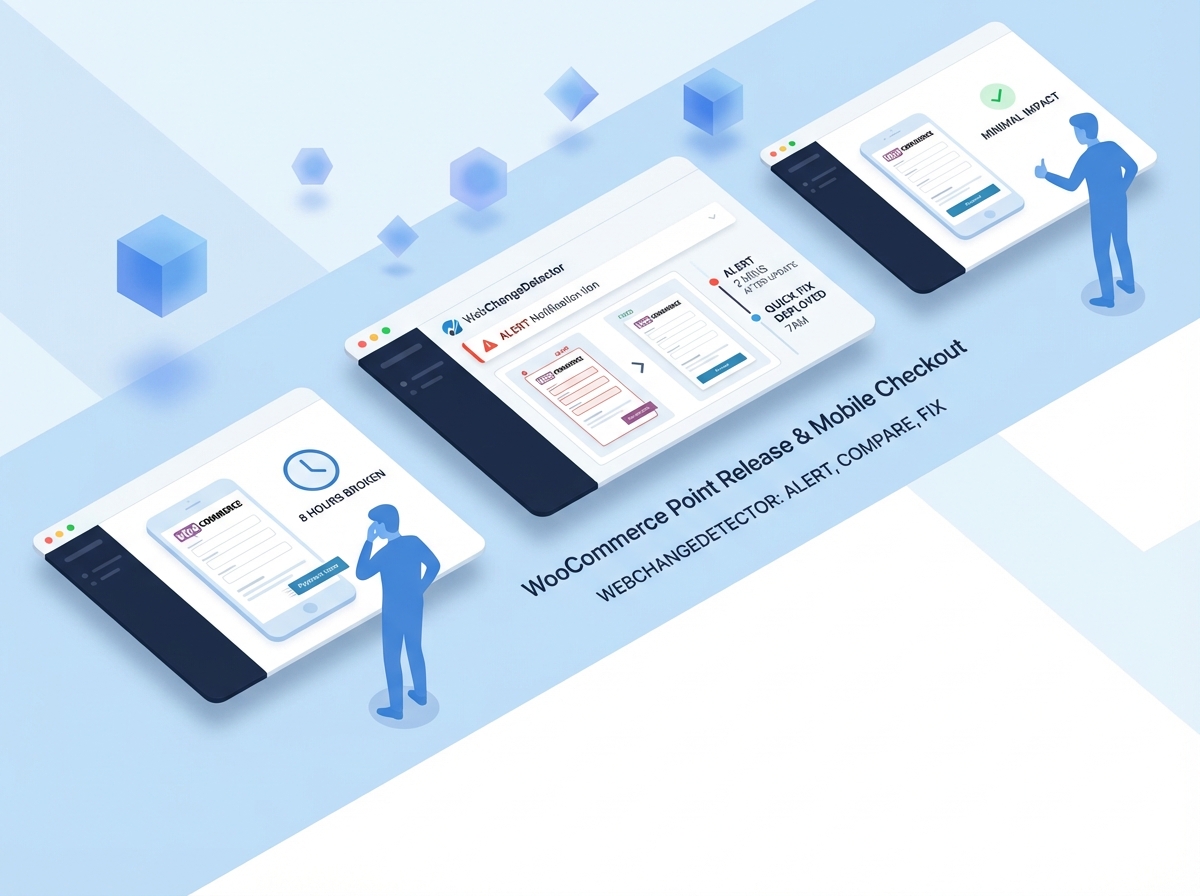 Isometric illustration of automated website monitoring detecting update issues with floating UI cards and alert notifications