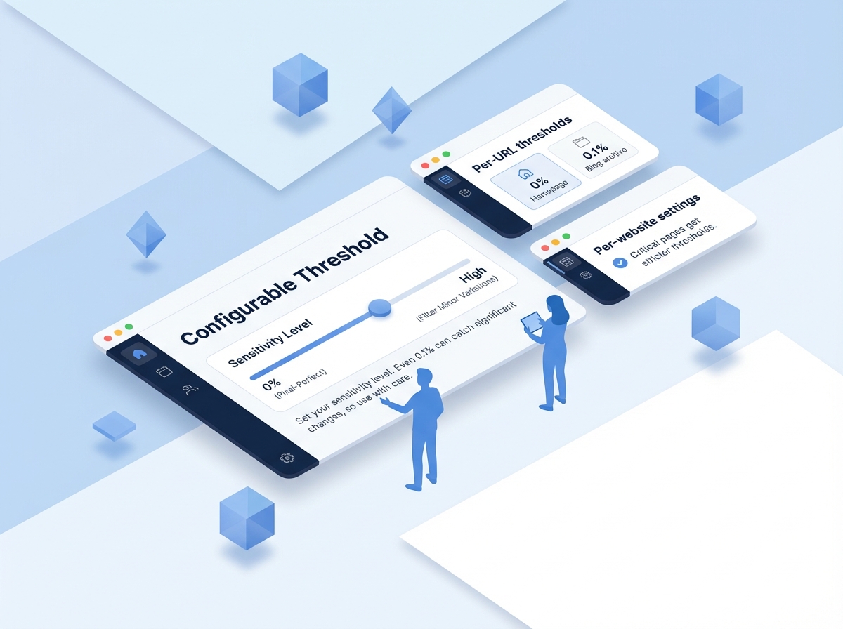 Isometric 3D illustration showing faceless blue figures adjusting sensitivity sliders on floating UI cards with percentage controls