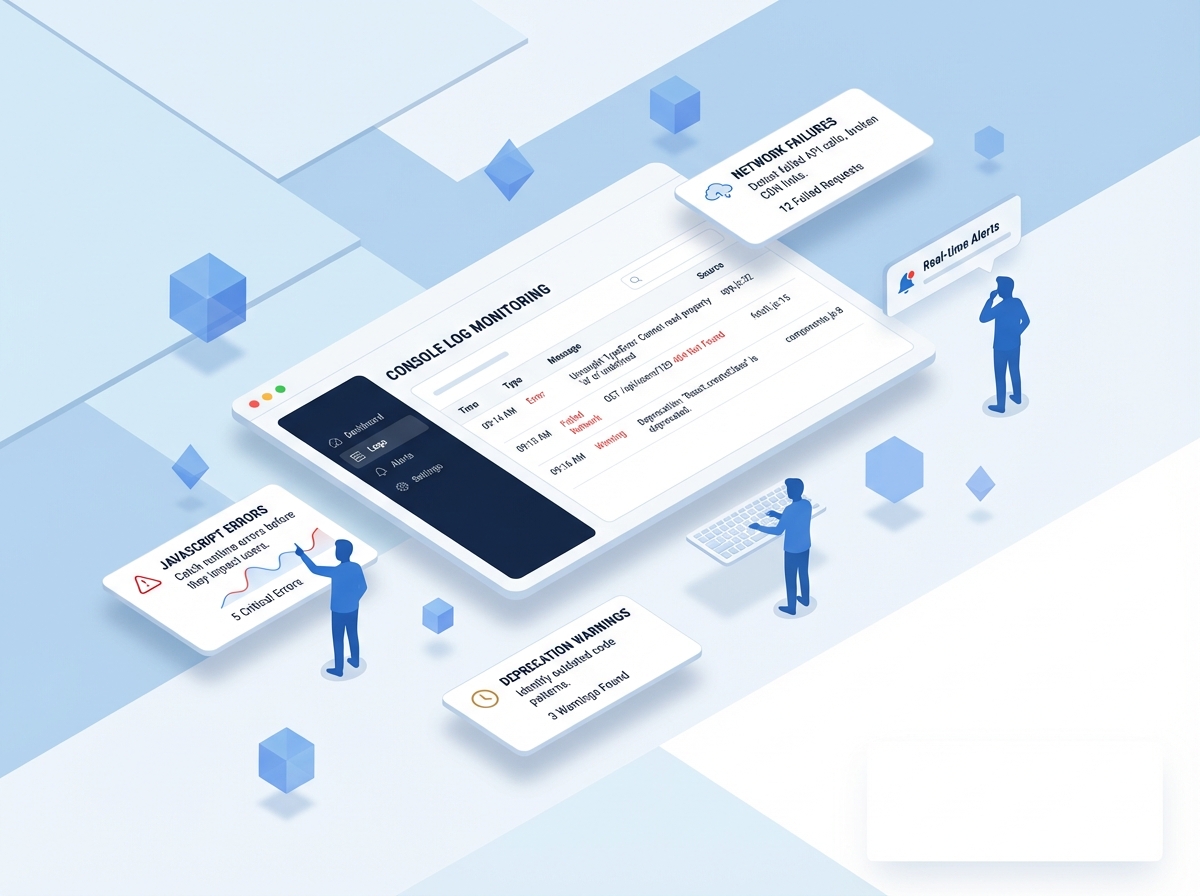 Isometric 3D illustration showing faceless blue figures analyzing browser console logs with error alerts and network monitoring UI cards