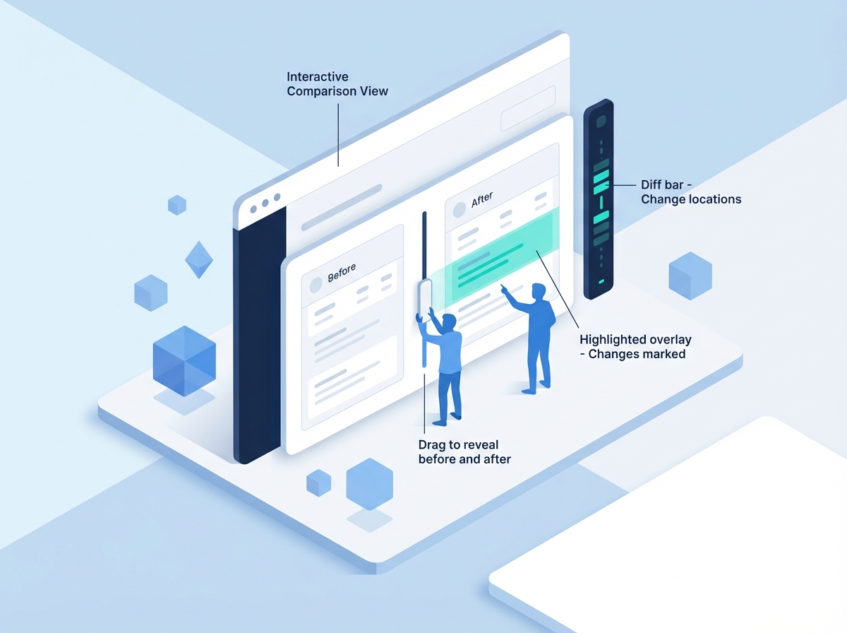 Isometric SaaS illustration showing slider comparison interface with before and after views and change detection overlay