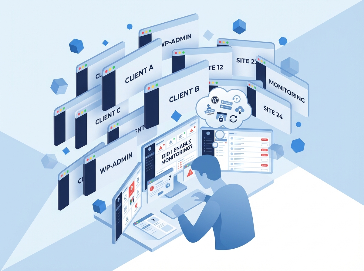 Isometric illustration showing overwhelmed web professional surrounded by dozens of chaotic browser tabs and scattered dashboard windows