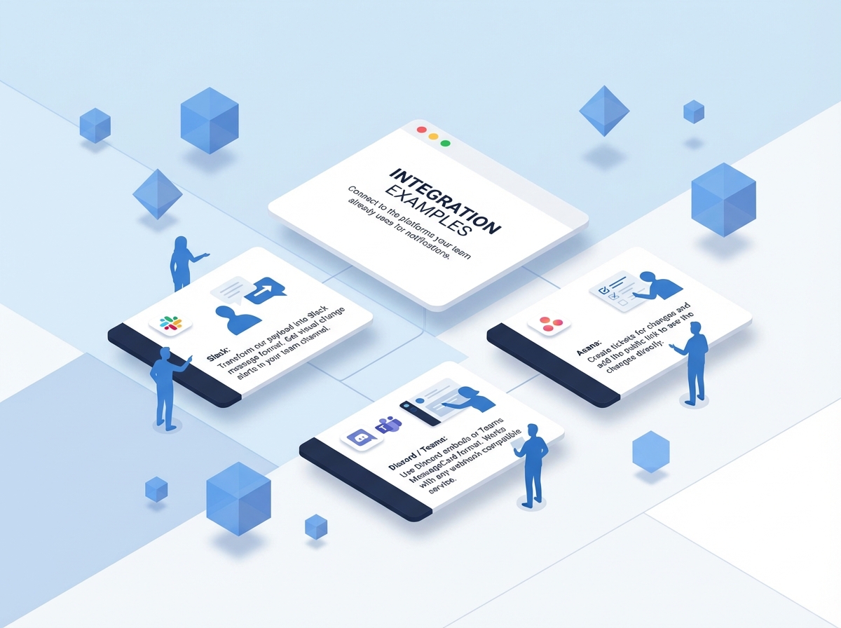 Isometric 3D illustration showing faceless blue figures connecting webhook notifications to Slack, Asana, and Discord platforms