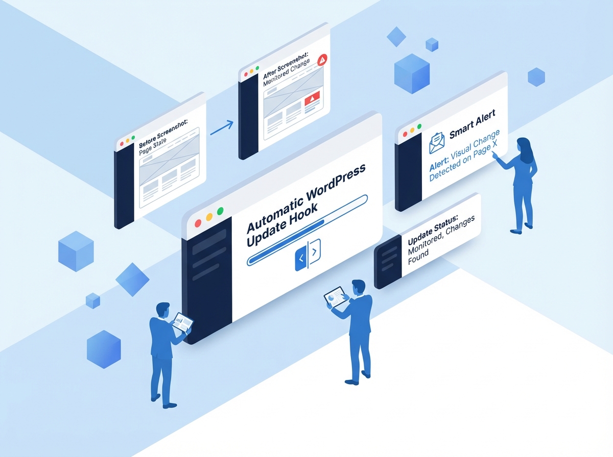 Isometric illustration showing automated before and after screenshot comparison during WordPress updates with floating geometric shapes